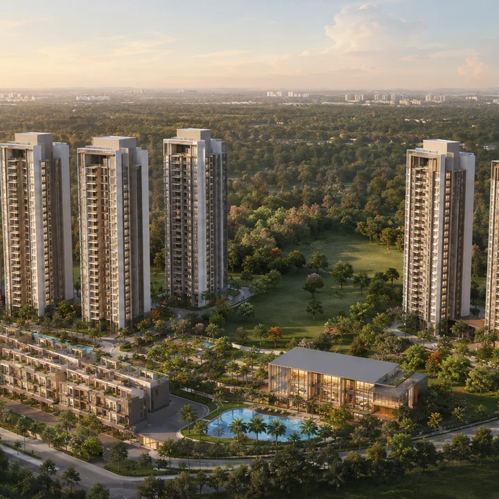 Embassy Sadahalli indicative aerial of the filed programme — Towers 1 to 5 and Towers 6 to 8, the 48 villaments and the standalone clubhouse at Navarathna Agrahara, Jala Hobli Embassy Sadahalli indicative aerial of the filed programme — Towers 1 to 5 and Towers 6 to 8, the 48 villaments and the standalone clubhouse at Navarathna Agrahara, Jala Hobli
