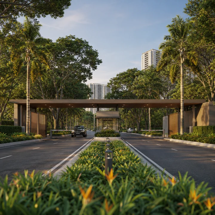 Embassy Sadahalli indicative main entrance gate with a long canopy, twin boom barriers and a glazed security cabin Embassy Sadahalli indicative main entrance gate with a long canopy, twin boom barriers and a glazed security cabin