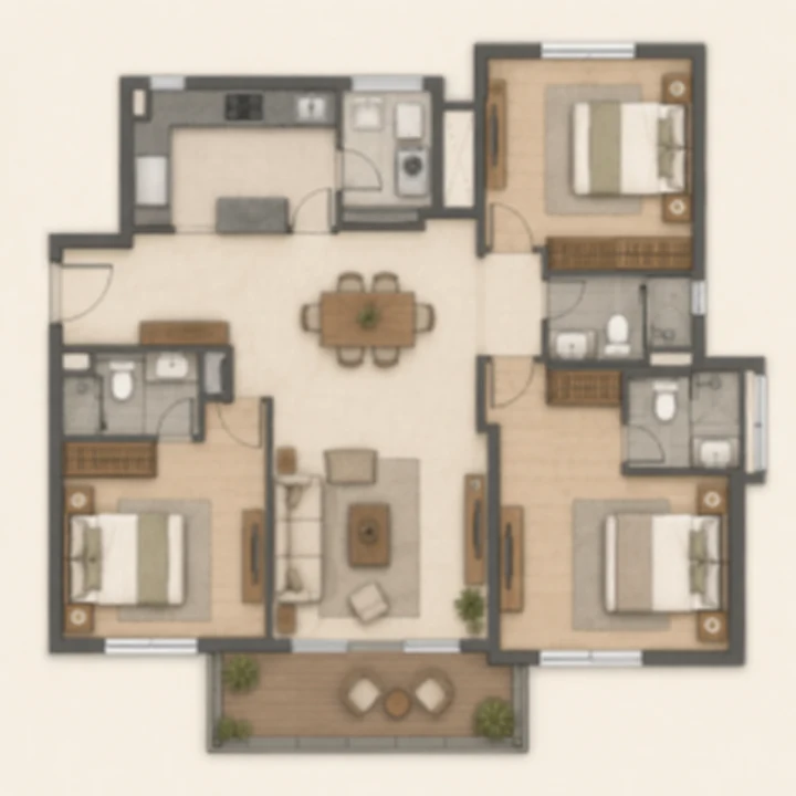 Embassy Sadahalli 3 BHK indicative floor plan with three attached bathrooms, 1,250 to 1,600 sq ft on the brief's tentative band Embassy Sadahalli 3 BHK indicative floor plan with three attached bathrooms, 1,250 to 1,600 sq ft on the brief's tentative band